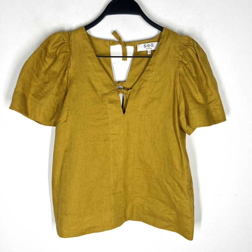 Sea New York Sz 2 Minka Puff Sleeve Linen Top in Saffron Yellow - Picture 2 of 9